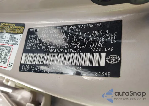 2004 Toyota Camry Le from USA, damaged, VIN 4T1BE32K84U886573